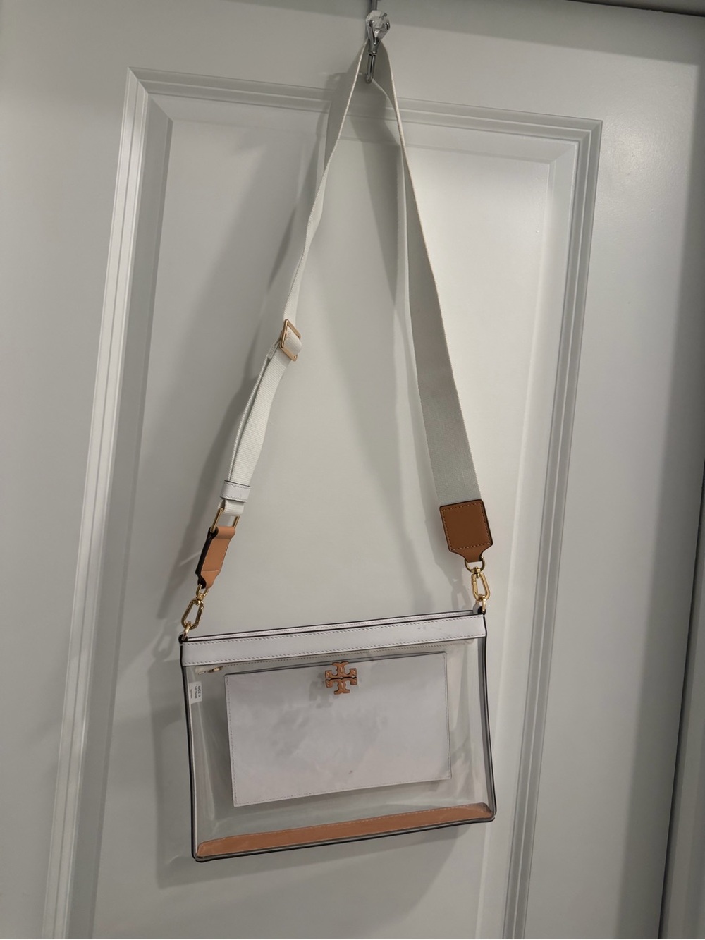 Tory Burch White Clear Crossbody with Tan Trim and Gold Hardware